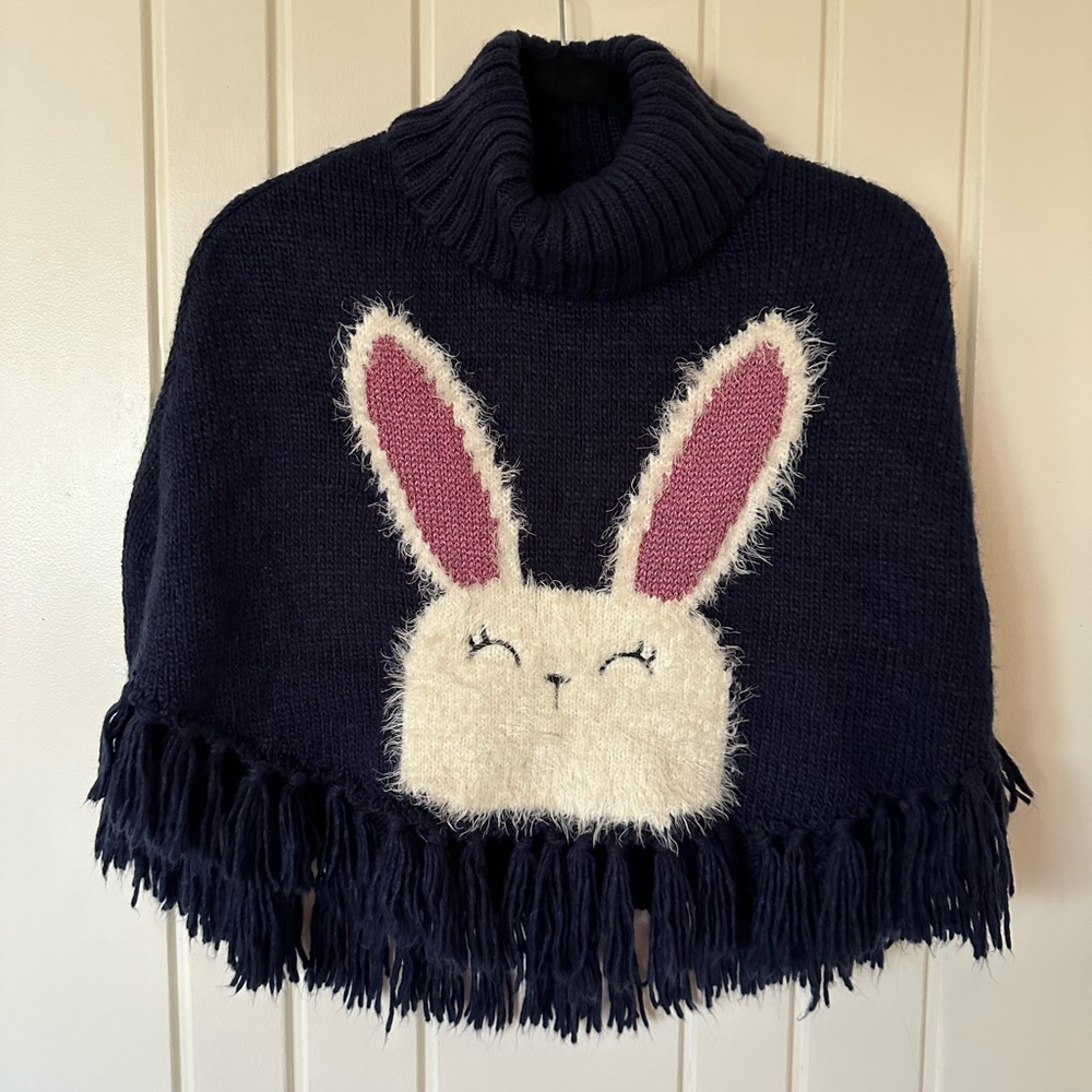 H&M Sweater Poncho. Navy with Sweet Bunny Face. Size 8-12Y.